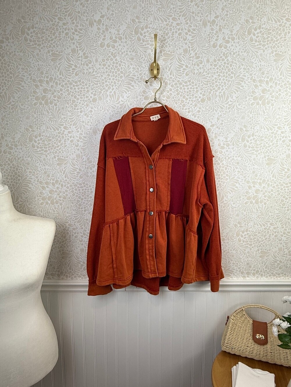 POL Boho Orange Oversized Button-Front Peplum Sweatshirt Jacket - Size - Small